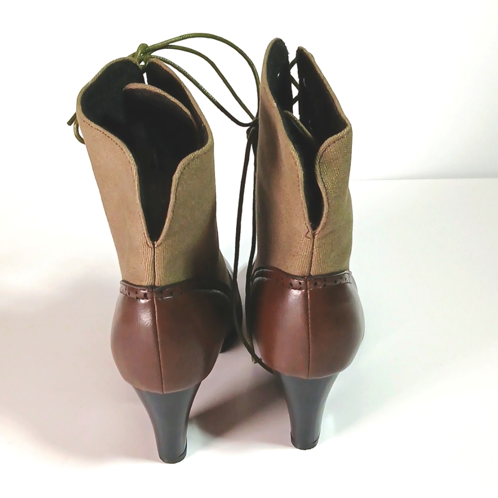 🥿 Victorian Lace Up Boots Green Canvas Brown Vegan Leather Size EU 40 Vintage - Picture 7 of 10